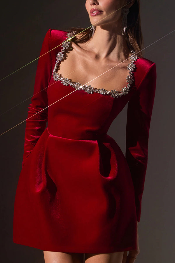 Velvet Square Neck Rhinestone Trim Long Sleeve Pocket A-Line Mini Dress