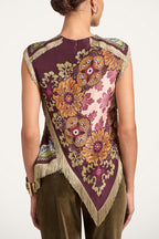 Stunning Floral Print Asymmetric Tassel Trim Scarf Top