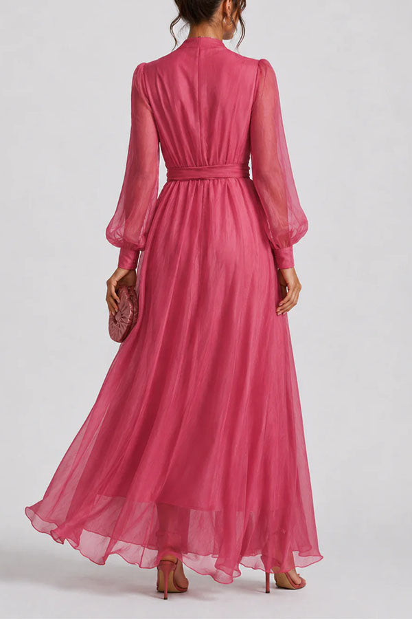 Sunset Elegance: Sheer Long Sleeve Wrap Dress in Hot Pink