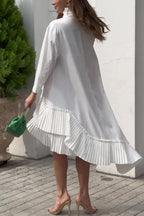 Stand Collar Pleated Ruffle High-Low Oversized Shirt Dress