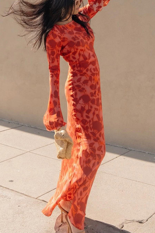 Floral Print Scoop Neck Bell Sleeve Bias Cut Maxi Dress
