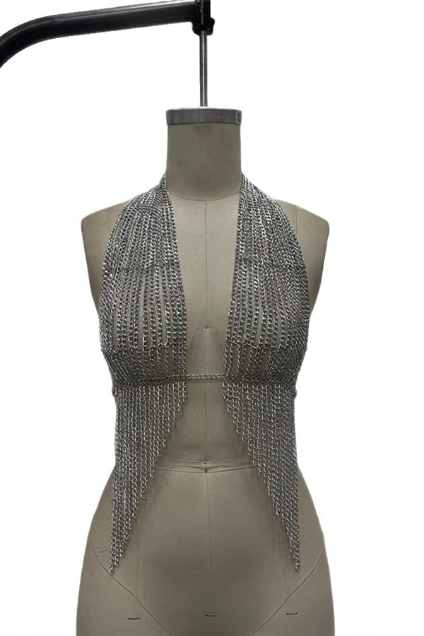 Silver Chainmail Tassel Halter Top Body Chain
