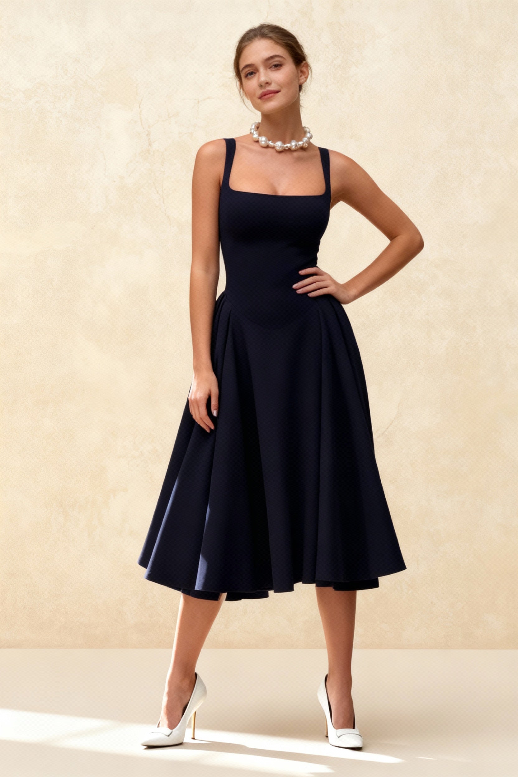 Square Neck Sleeveless Fit and Flare Midi Dress