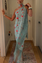 Floral Print Halter Neck Sleeveless Elegant Tassel Maxi Dress