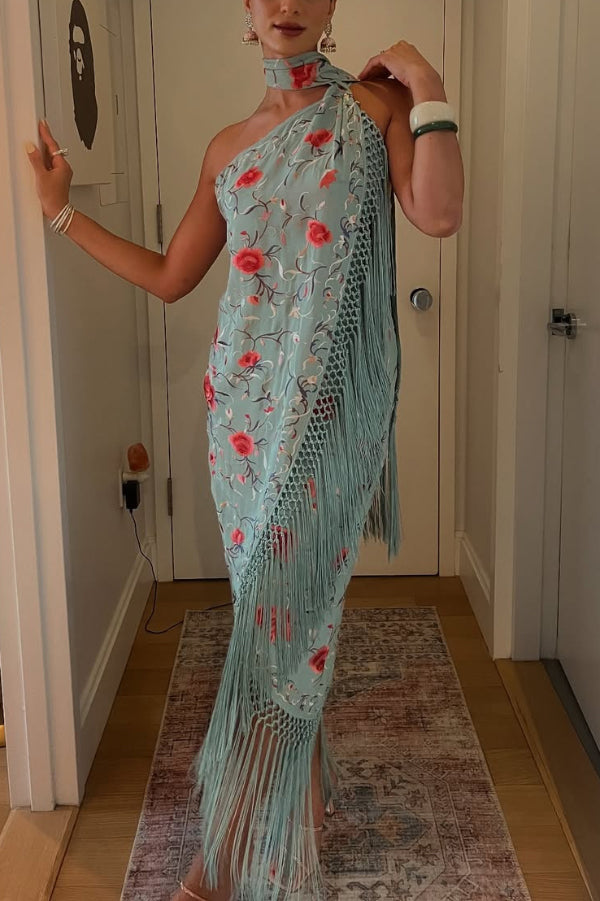 Floral Print Halter Neck Sleeveless Elegant Tassel Maxi Dress