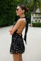 Polka Dot Halter Neck Plunging V-Neck Ruffle Hem Mini Dress
