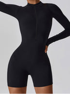 Sporty Solid Zip Up Long Sleeve Romper