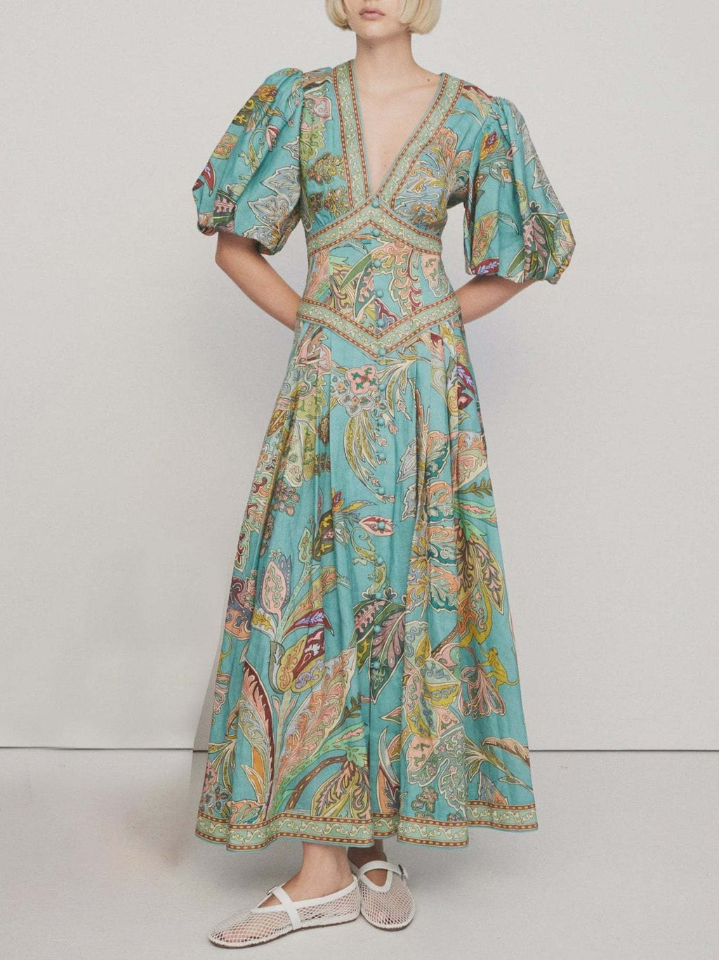 Puff Sleeve Button Front Paisley Border Print Maxi Dress