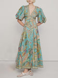 Puff Sleeve Button Front Paisley Border Print Maxi Dress
