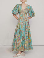 Puff Sleeve Button Front Paisley Border Print Maxi Dress