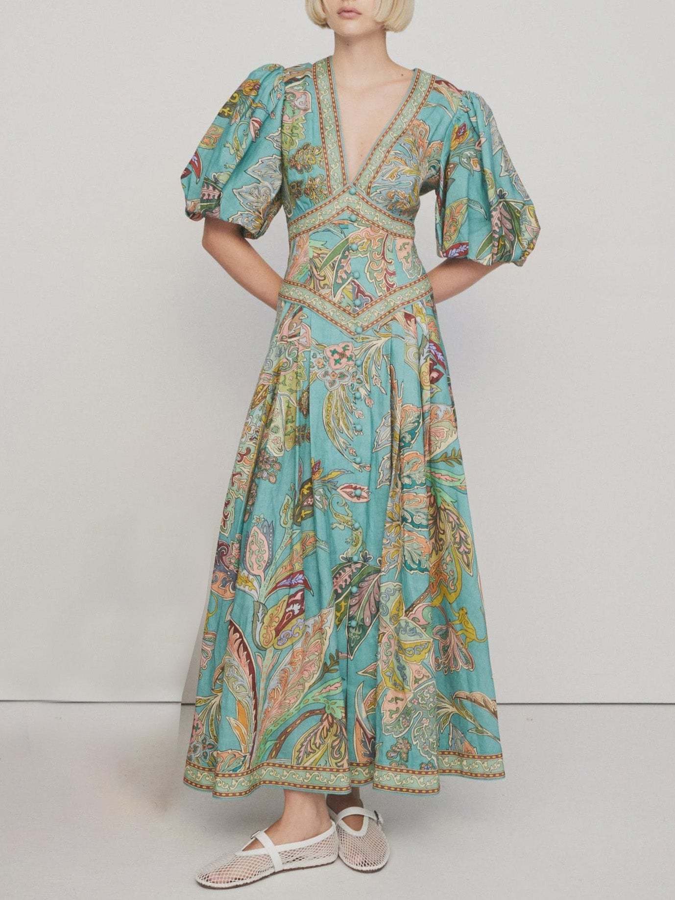 Puff Sleeve Button Front Paisley Border Print Maxi Dress