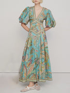Puff Sleeve Button Front Paisley Border Print Maxi Dress