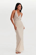 Polka Dot Spaghetti Strap Cowl Neck Ruched Bodycon Maxi Dress