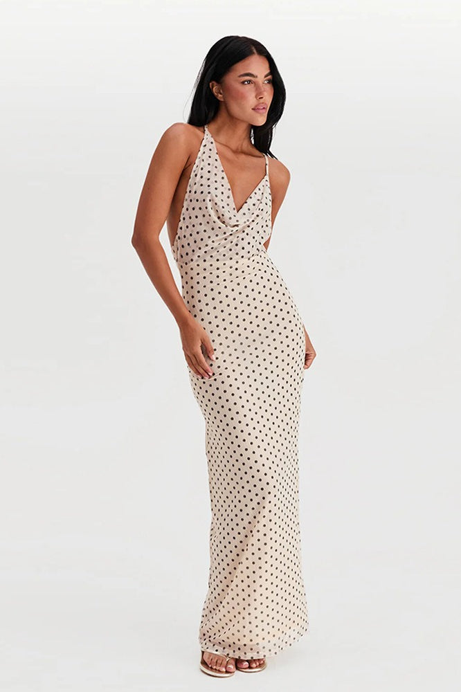 Polka Dot Spaghetti Strap Cowl Neck Ruched Bodycon Maxi Dress