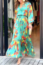 Abstract Brushstroke Print Collar Balloon Sleeve Tie Waist Tiered Maxi Dress
