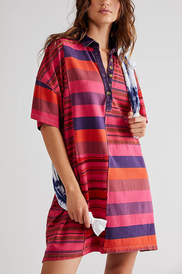 Denim Collar Striped Patchwork Polo Rugby Mini Dress