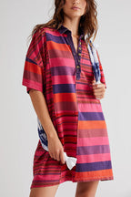 Denim Collar Striped Patchwork Polo Rugby Mini Dress