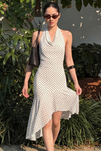 White Cowl Neck Halter Polka Dot Asymmetrical Hem Midi Dress
