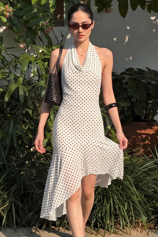 White Cowl Neck Halter Polka Dot Asymmetrical Hem Midi Dress
