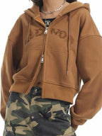 Letter Embroidery Double Zipper Short Oversized Hoodie