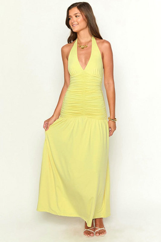 Halter Neck Deep V Ruched Bodice Flowing Maxi Dress