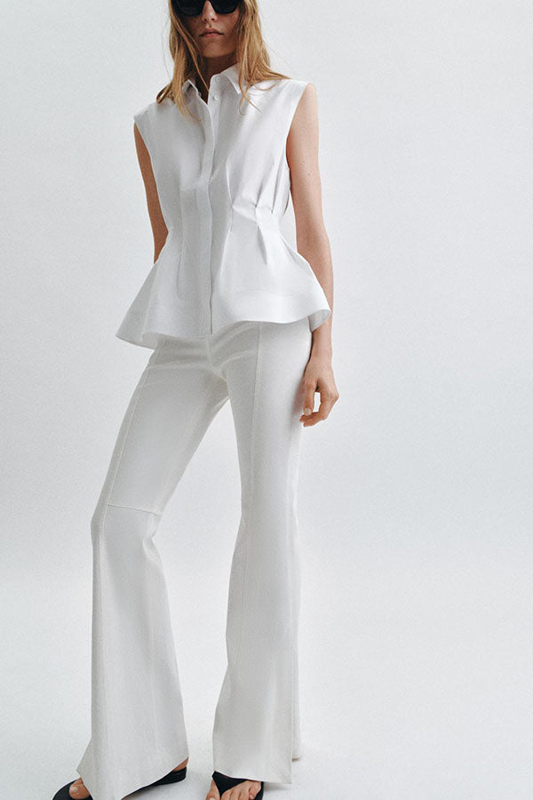 Devon Lapel Button Up Sleeveless Pleated Waist Flare Hem Shirt