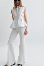 Devon Lapel Button Up Sleeveless Pleated Waist Flare Hem Shirt