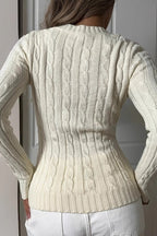 Embroidered Cable Knit V Neck Sweater