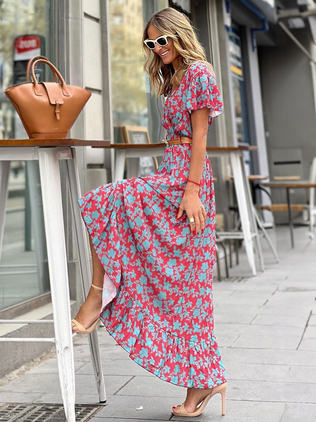 Floral Wrap V Neck Maxi Dress for Women - Boho Flutter Sleeve Ruffle Hem Long Dress - Summer Beach Vacation 2026