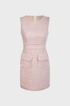 Crew Neck Fringed Waist Patch Pocket Tweed Boucle Mini Dress
