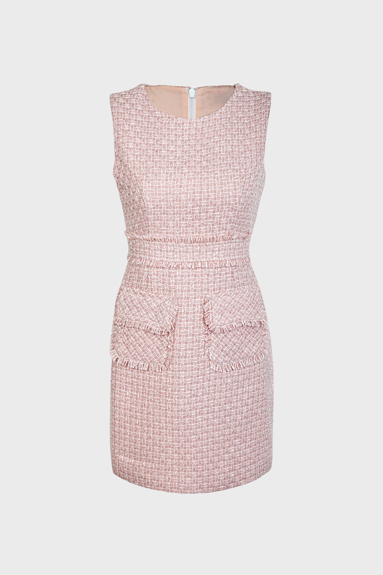 Crew Neck Fringed Waist Patch Pocket Tweed Boucle Mini Dress
