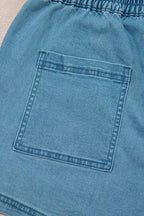 Beau Blue Contrast Drawstring Elastic Waist Denim Shorts