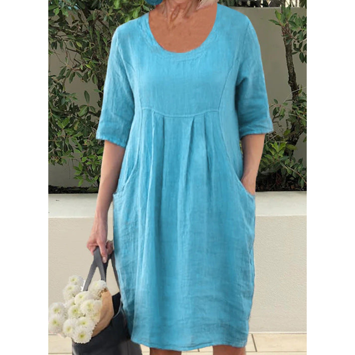 Pleated Pocket Loose  Short-sleeved Dress