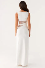 Boat Neck Sleeveless Lace Panel Waist Cut Out Twist Detail Maxi Dress