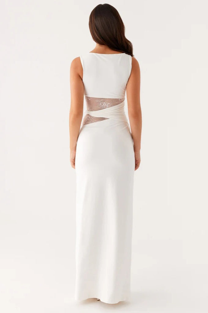 Boat Neck Sleeveless Lace Panel Waist Cut Out Twist Detail Maxi Dress