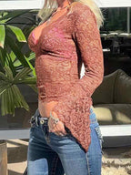 Lace V Neck Slim Flare Design Long Sleeve Shirt