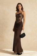 One Shoulder Floral Lace Bodice Draped Maxi Gown