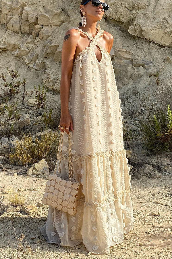 3D Floral Applique Halter Keyhole Tiered Maxi Dress