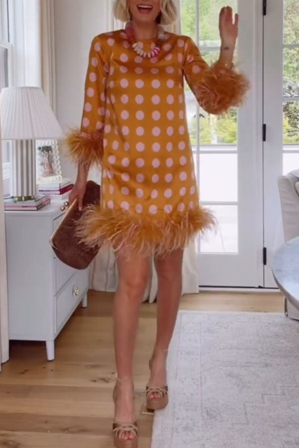 Playful and Cute Satin Polka Dot Print Half Sleeve Feather Trim H-line Mini Dress