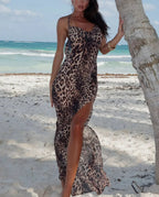 Print Cowl Neck Spaghetti Strap Thigh Slit Bodycon Maxi Dress