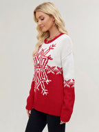 Snowflake Print Christmas Sweater Red White Knit Pullover For Women 2026