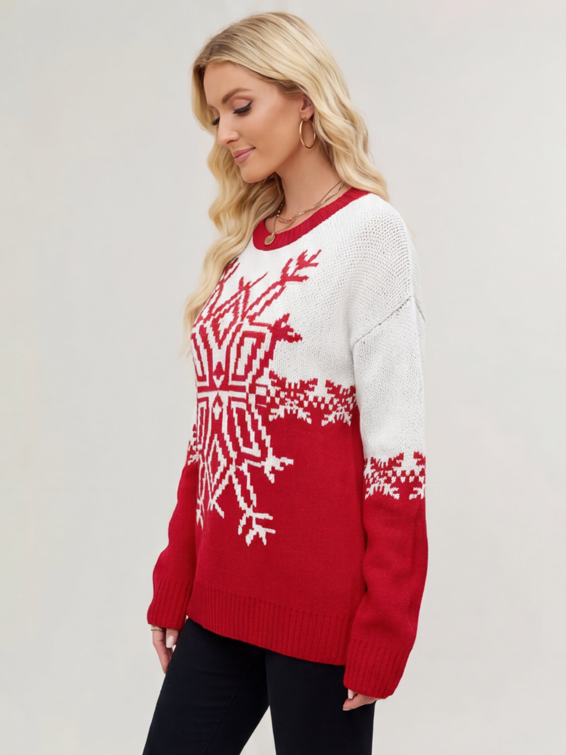 Snowflake Print Christmas Sweater Red White Knit Pullover For Women 2026