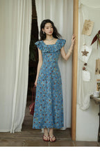 Floral Print Ruffle Trim V-Neck Cap Sleeve Fit and Flare Maxi Summer Dress
