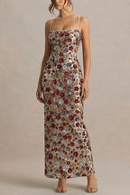 The Center of Attention Floral Print Sequin Square Neck Slip Stretch Maxi Dress