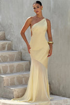 One Shoulder Waist Triangular Cutout Sheer Panel Flare Hem Maxi Dress