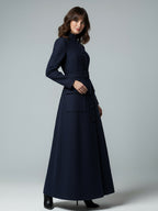 Woolen Full-Length Maxi Coat With Stand Collar And Flap Pockets For Women 2026