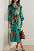 Paisley Print Lantern Sleeve Lace Up Belted Ruffle Hem Midi Shirt Dress