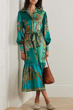 Paisley Print Lantern Sleeve Lace Up Belted Ruffle Hem Midi Shirt Dress