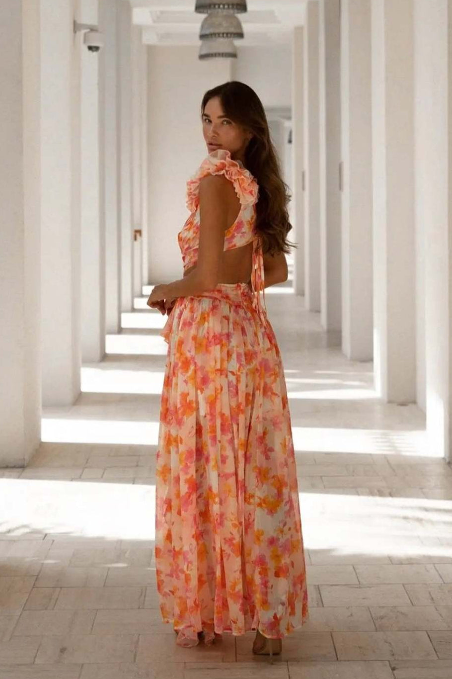 One Shoulder Ruffle Strap Cutout Tiered Blossom Print Maxi Dress