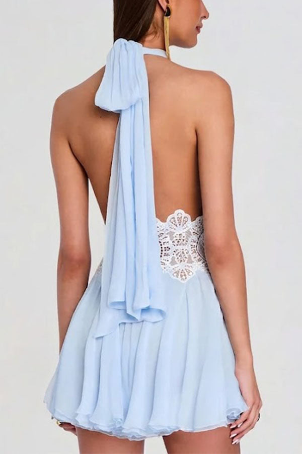 Ethereal Lace-Waist Halter Mini Dress